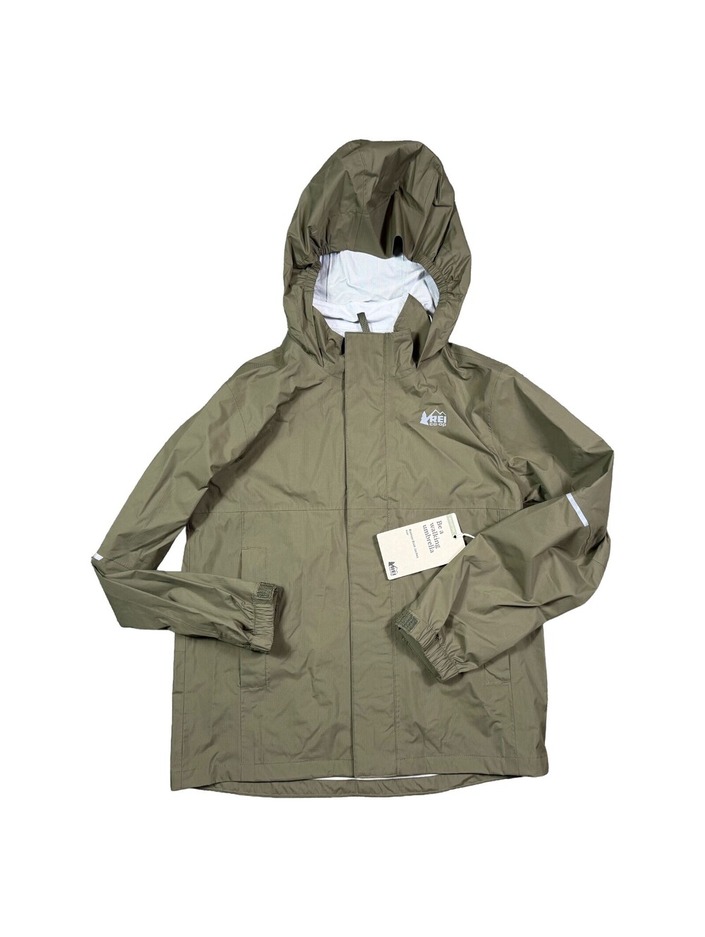 REI Co-op Kids Rainier Rain Jacket M Army Cot Green Waterproof NWT Gorpcore